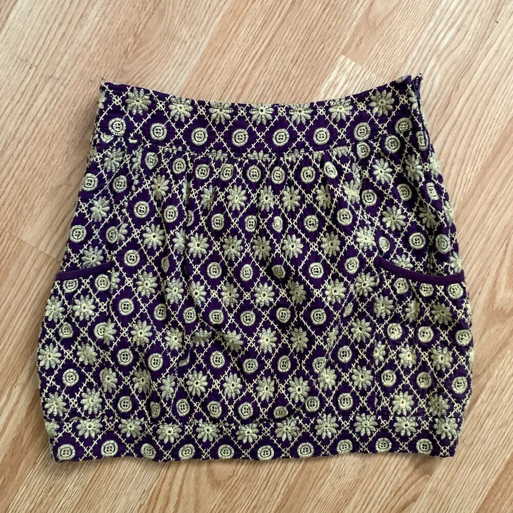 Nick & Mo Anthroplogie Embroidered Mini Skirt Size S Purple Gold Pleanty Pocket